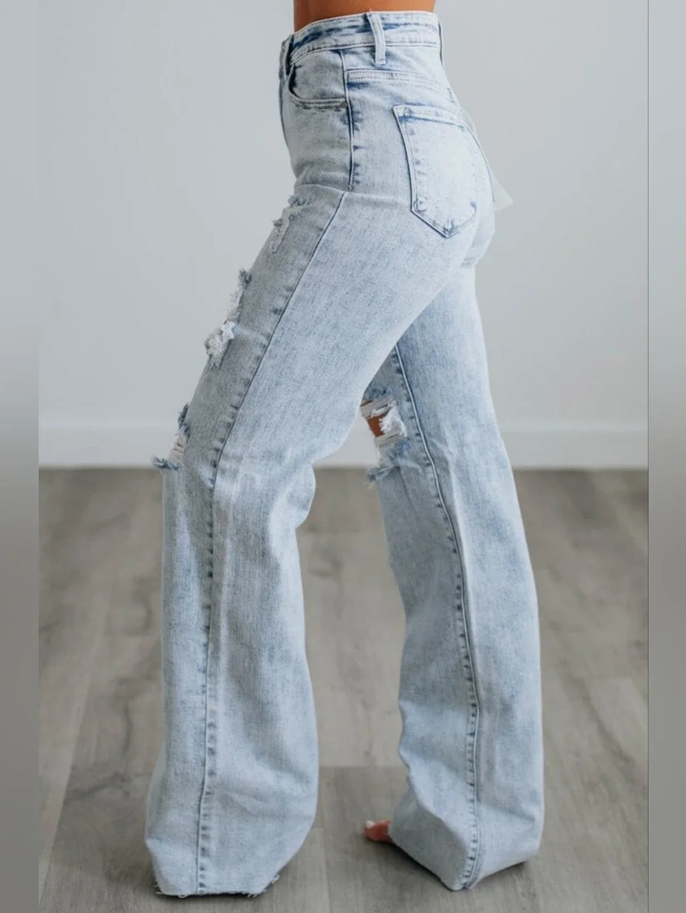 High-Rise Light Wash Distressed Wide-Leg Jeans - Picture 2 of 14